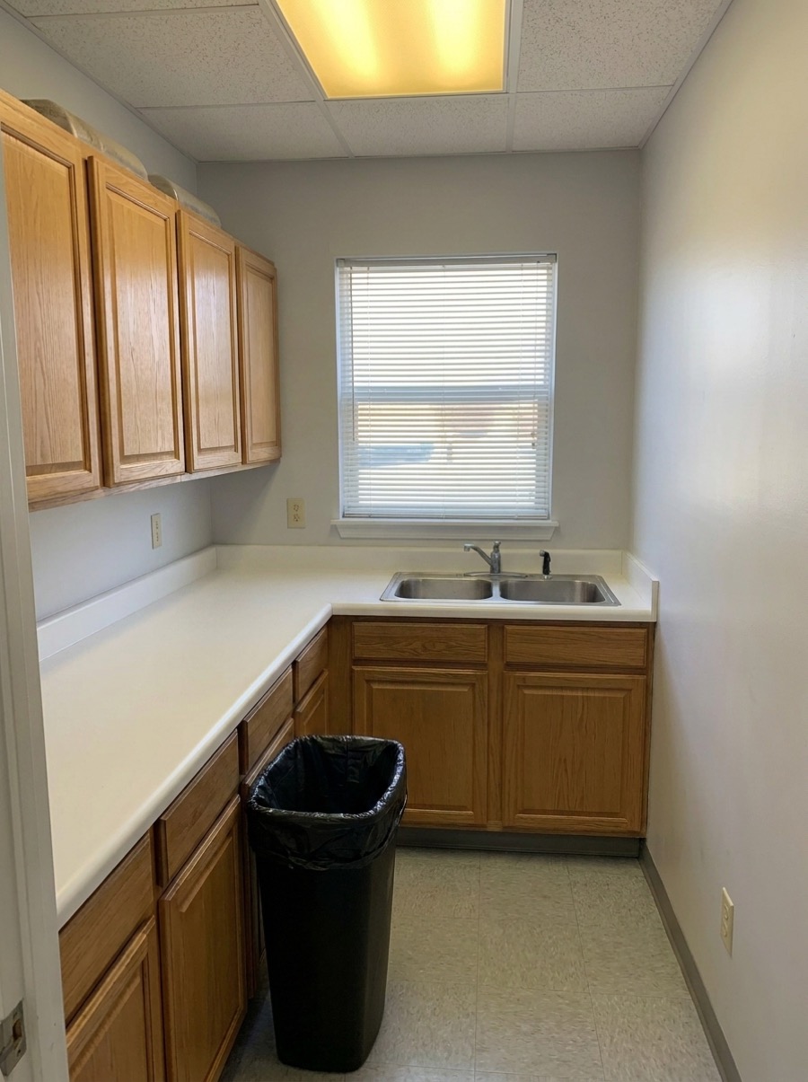 The same break room, cleaned and organized
