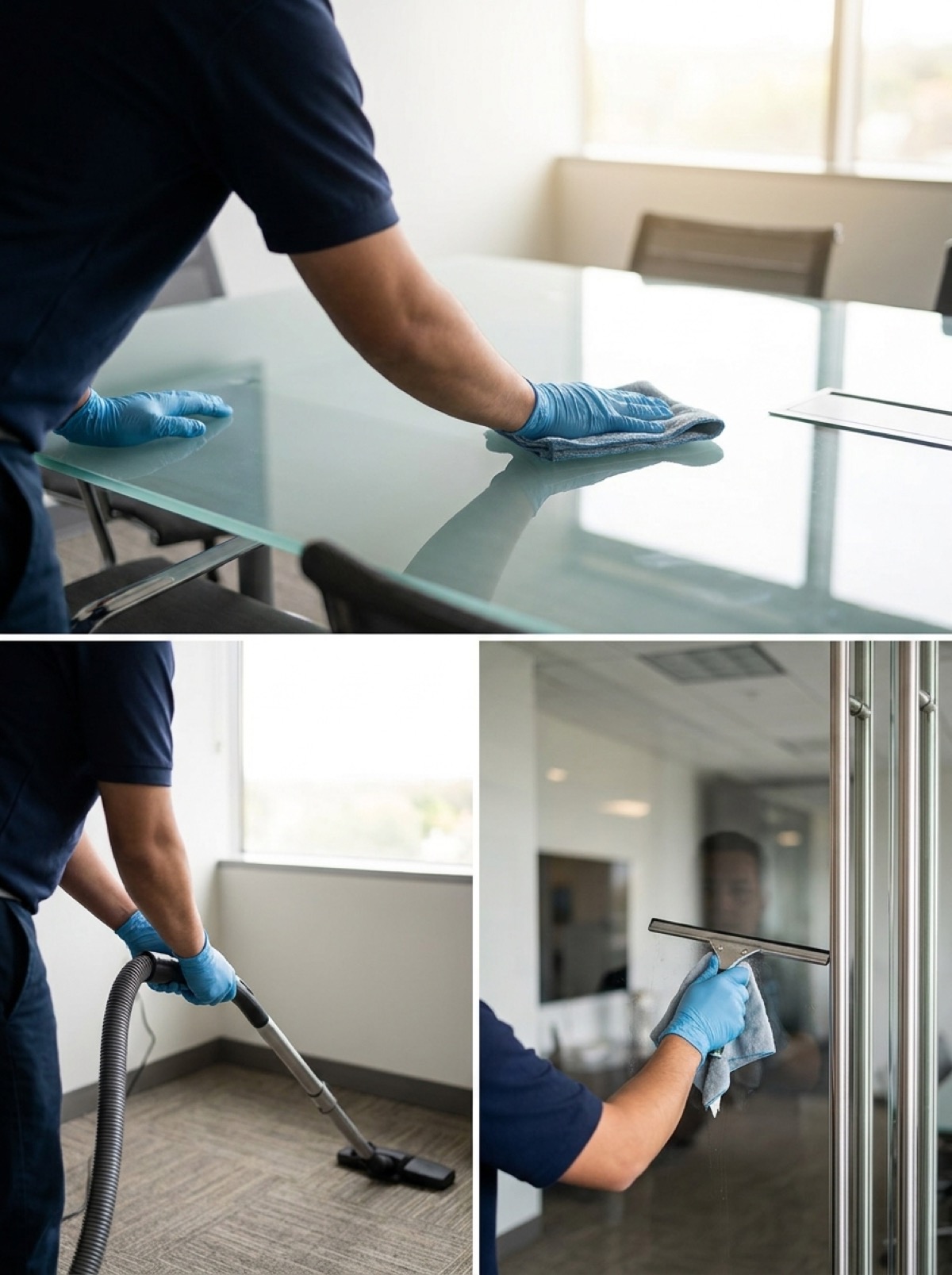 Our team cleaning a glass conference table, vacuuming carpet, and cleaning a glass door in an office